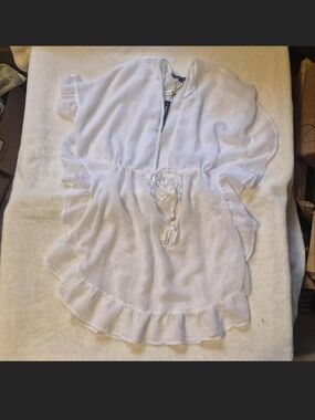 Women's White Ruffle-Trim Swim Coverup with Drawstring Waist